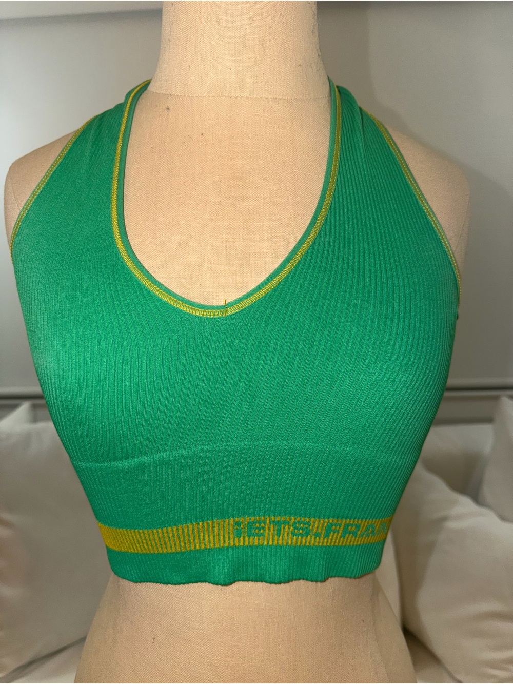 iets frans… Green Ribbed Halter Crop Top with Yellow Trim